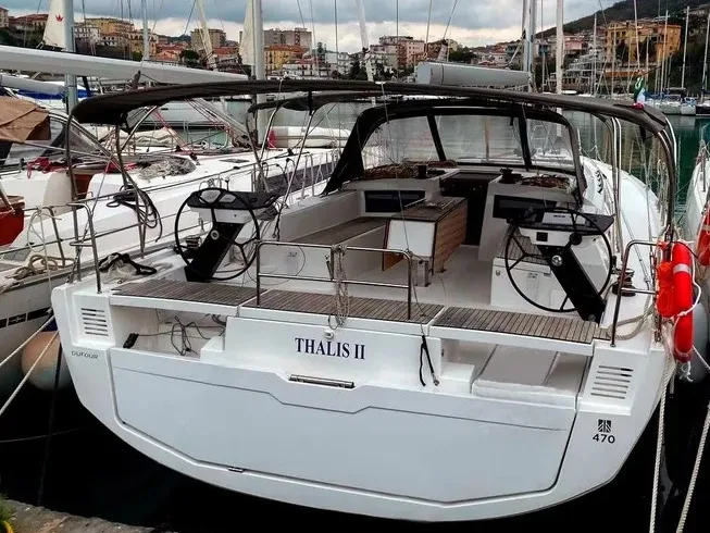 Exterior view of Thalis II, a Dufour 470 sailboat at Agropoli, Italy