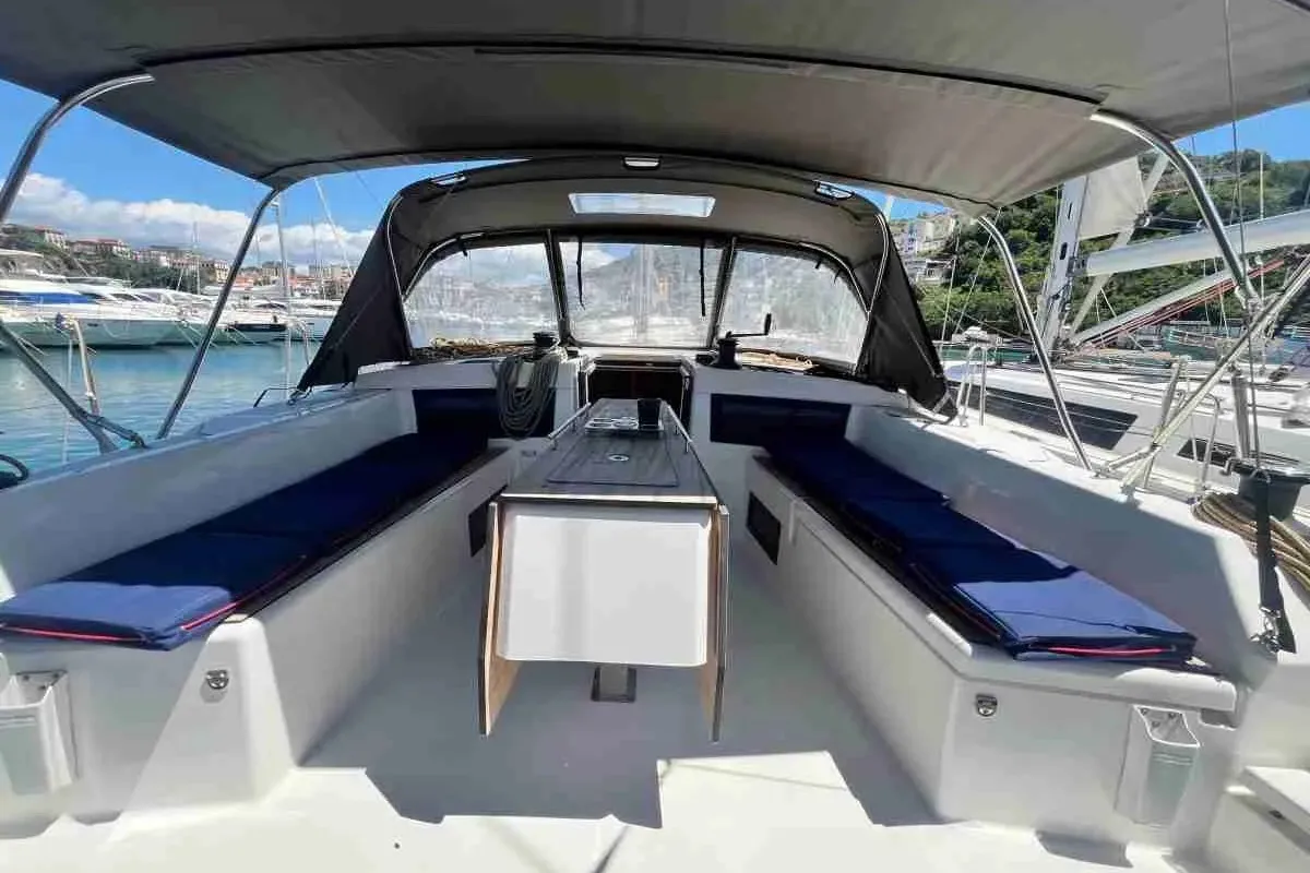 Deck of Thalis II, a Dufour 470 sailboat at Agropoli, Italy