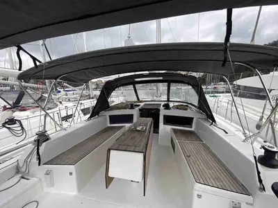 Deck of Thalis II, a Dufour 470 sailboat at Agropoli, Italy