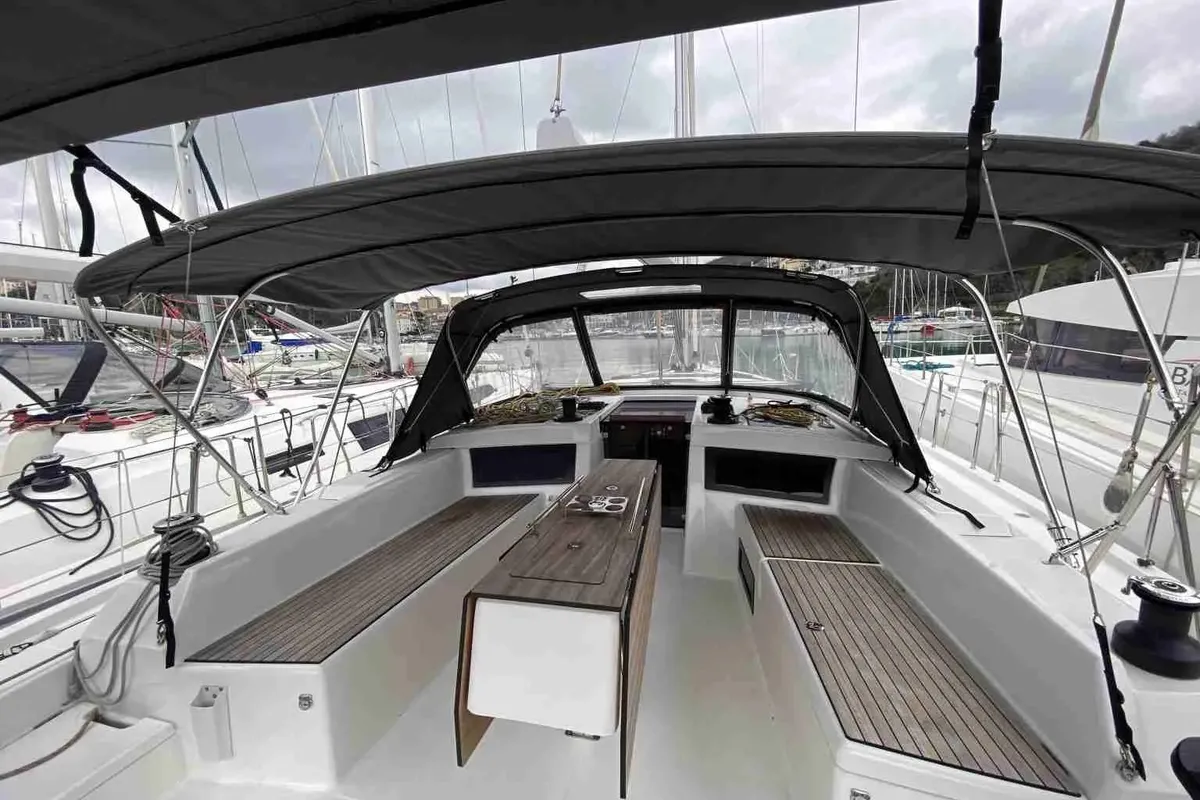 Deck of Thalis II, a Dufour 470 sailboat at Agropoli, Italy