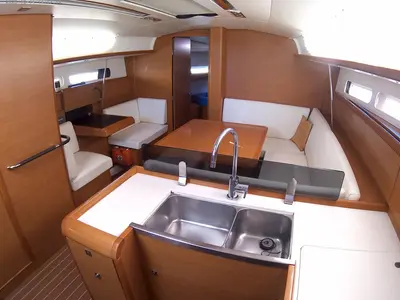 Galley of Traveller, a Jeanneau Sun Odyssey 409 sailboat at Kontokali, Greece