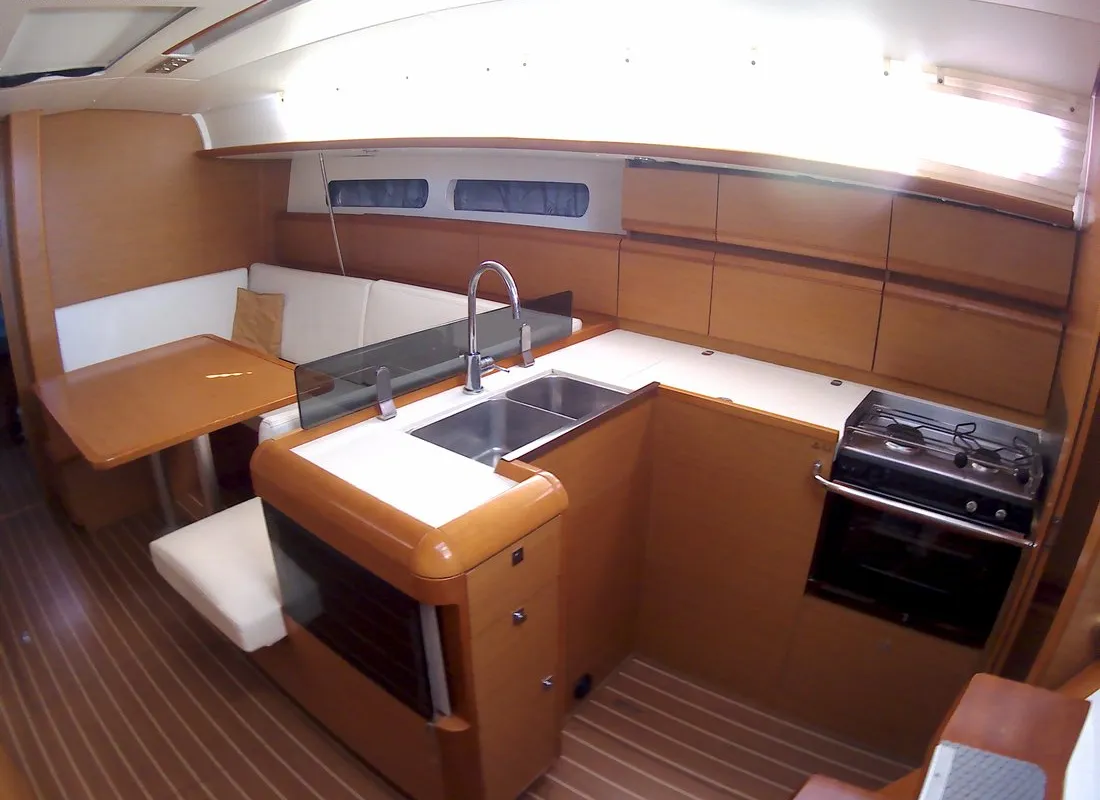 Galley of Traveller, a Jeanneau Sun Odyssey 409 sailboat at Kontokali, Greece