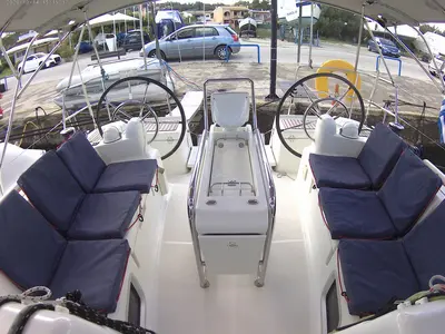 Deck of Traveller, a Jeanneau Sun Odyssey 409 sailboat at Kontokali, Greece