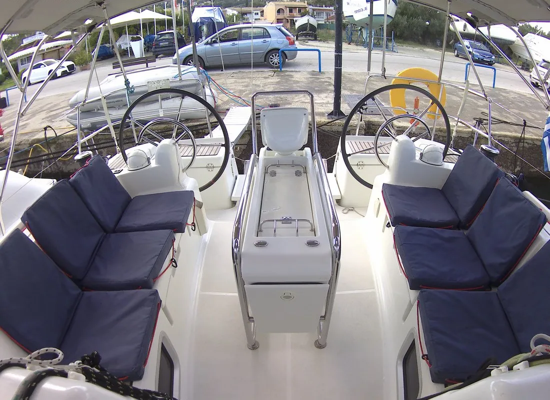 Deck of Traveller, a Jeanneau Sun Odyssey 409 sailboat at Kontokali, Greece