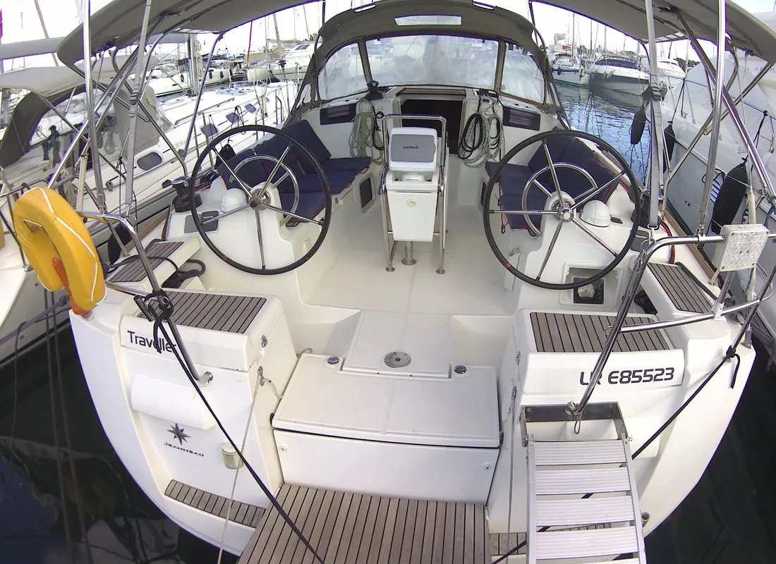 Cockpit of Traveller, a Jeanneau Sun Odyssey 409 sailboat at Kontokali, Greece