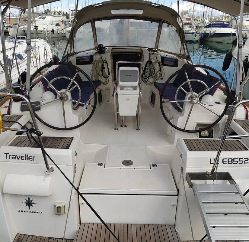 Cockpit of Traveller, a Jeanneau Sun Odyssey 409 sailboat at Kontokali, Greece