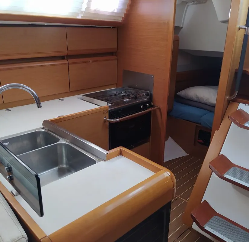 Galley of Traveller, a Jeanneau Sun Odyssey 409 sailboat at Kontokali, Greece