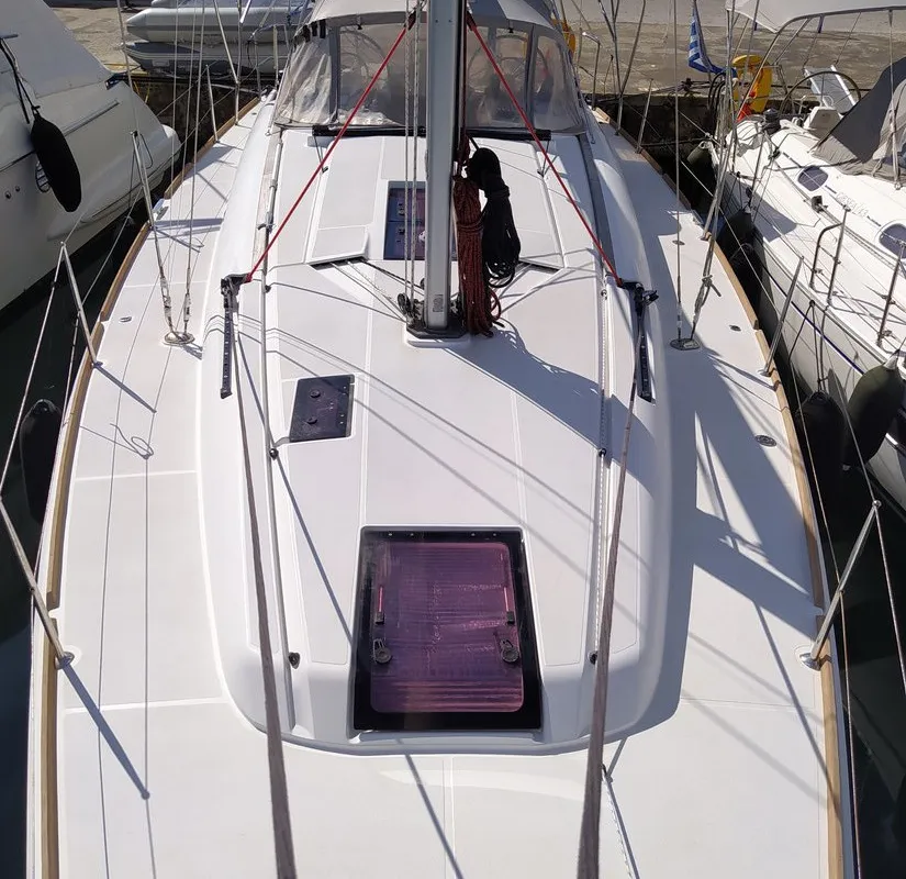 Deck of Traveller, a Jeanneau Sun Odyssey 409 sailboat at Kontokali, Greece