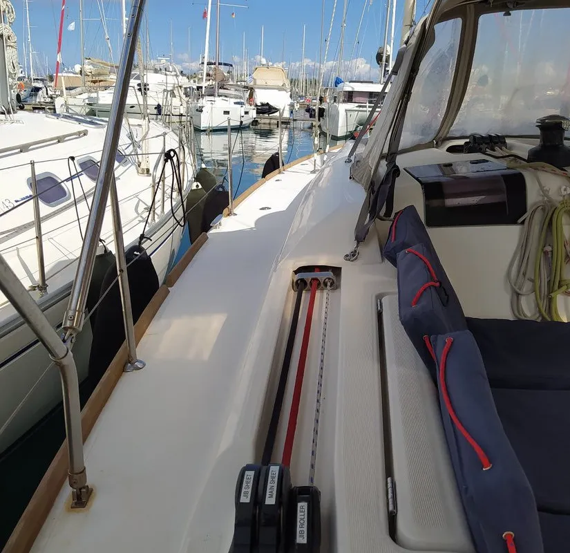 Deck of Traveller, a Jeanneau Sun Odyssey 409 sailboat at Kontokali, Greece