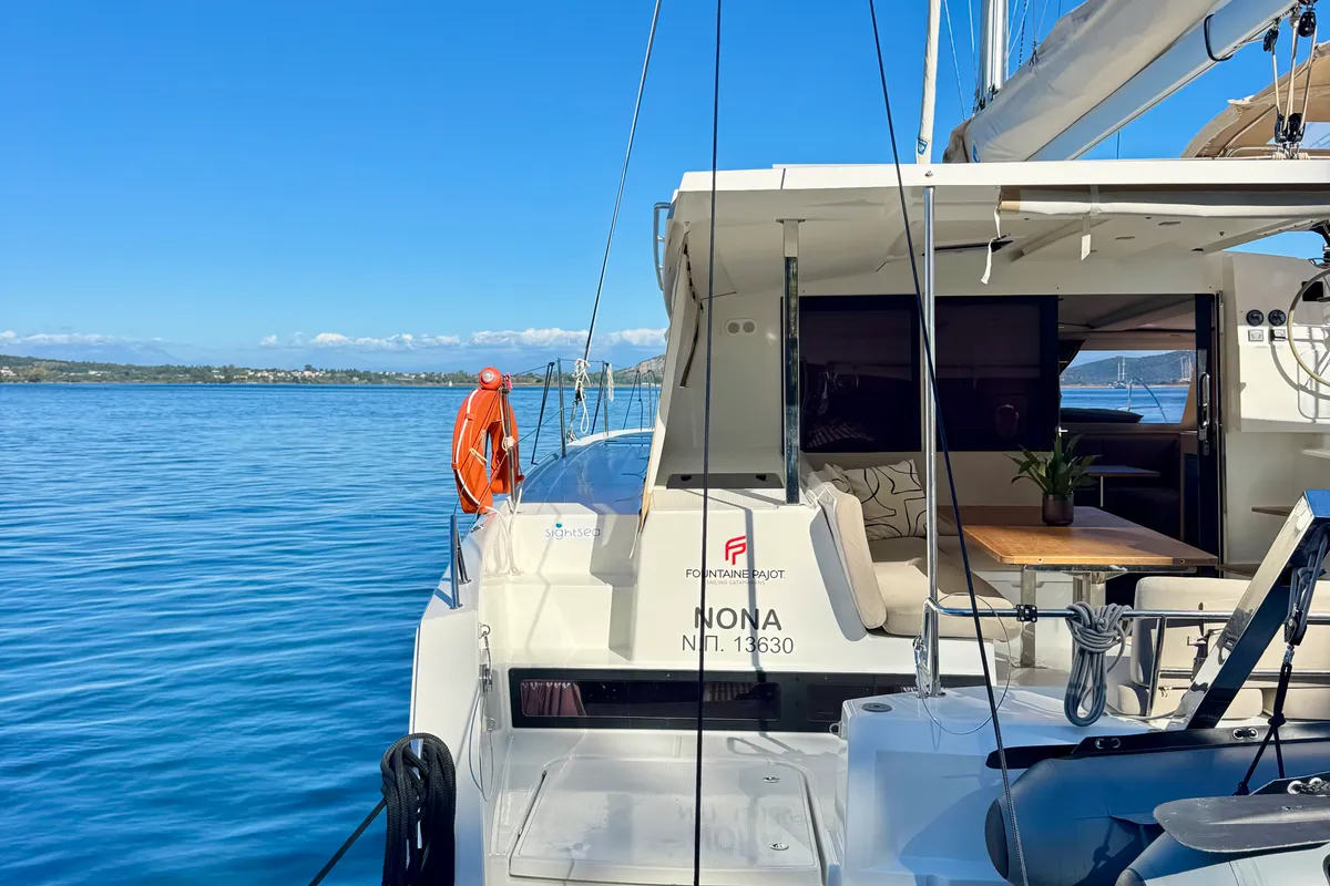 Deck of Nona, a Fountaine Pajot Isla 40 catamaran at Preveza, Greece