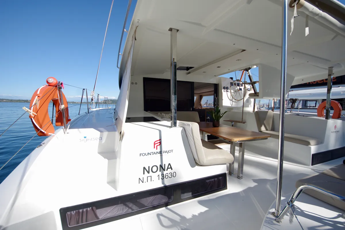 Deck of Nona, a Fountaine Pajot Isla 40 catamaran at Preveza, Greece