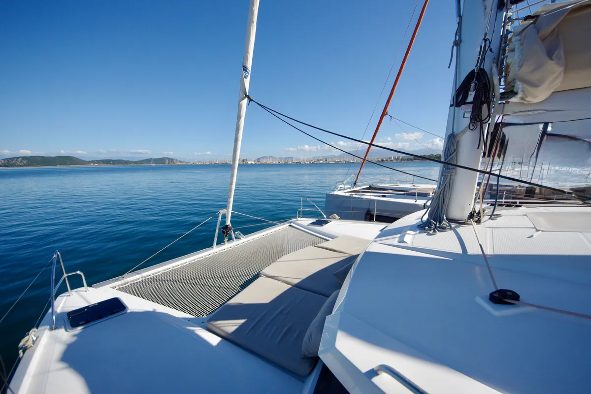 Deck of Nona, a Fountaine Pajot Isla 40 catamaran at Preveza, Greece