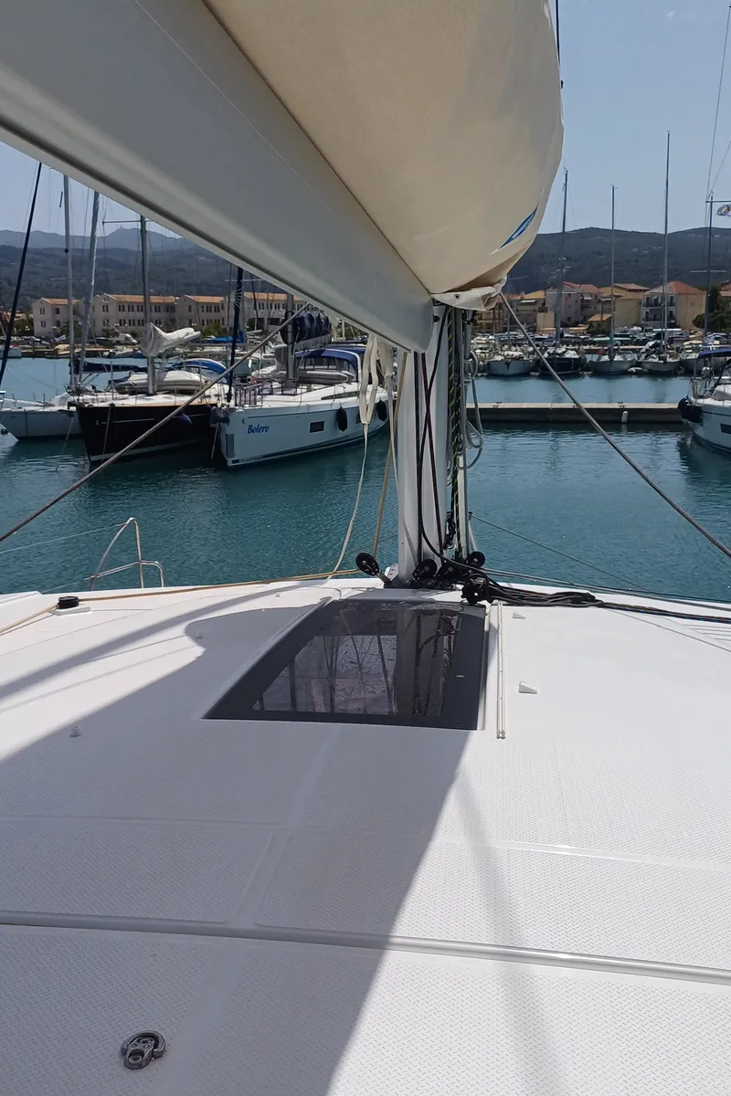 Deck of Nona, a Fountaine Pajot Isla 40 catamaran at Preveza, Greece