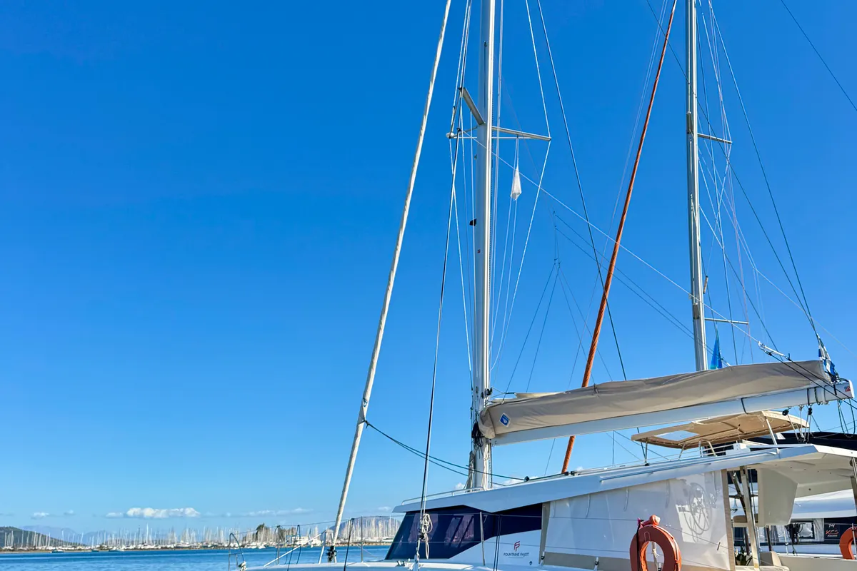 Exterior view of Nona, a Fountaine Pajot Isla 40 catamaran at Preveza, Greece