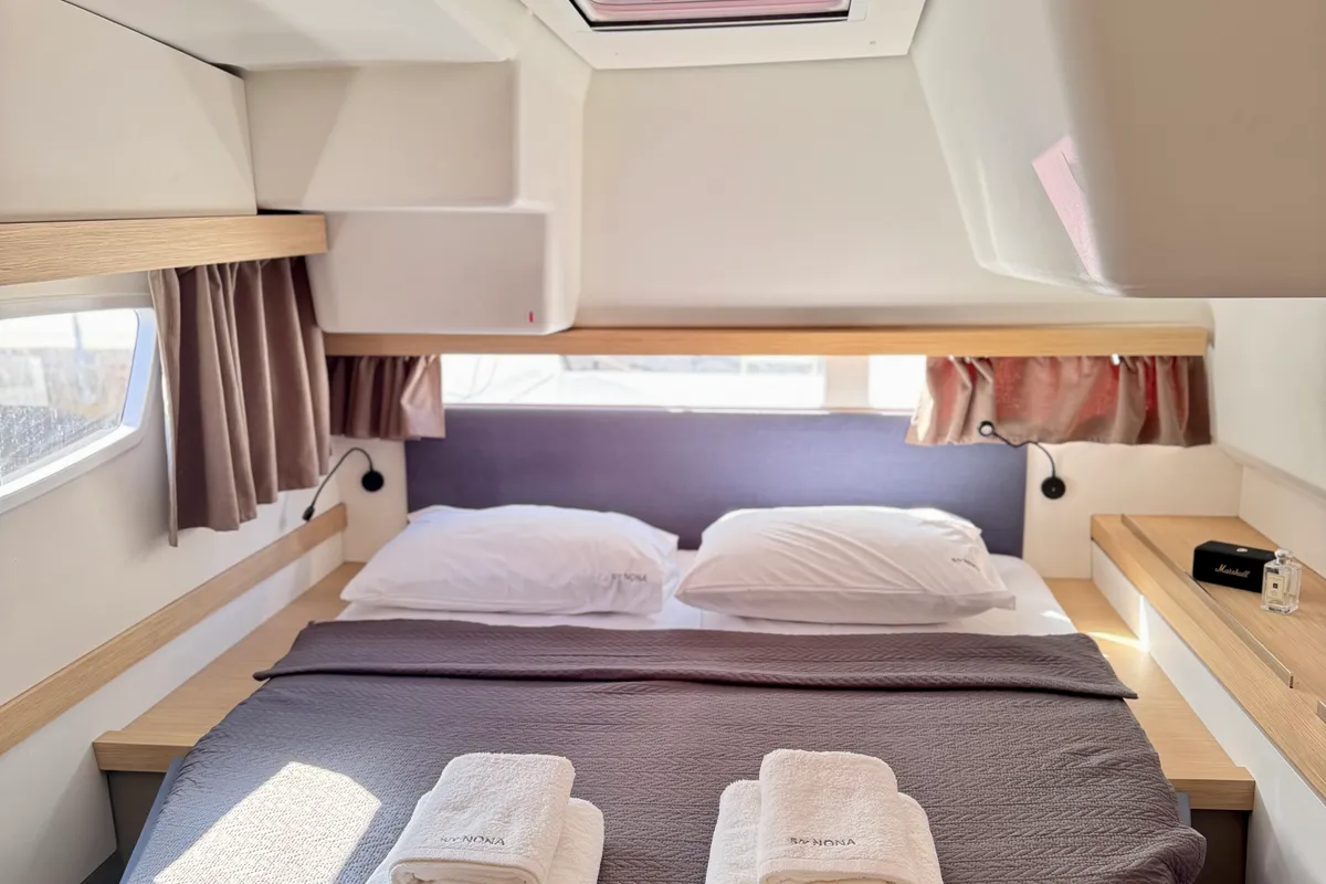 Cabin on Nona, a Fountaine Pajot Isla 40 catamaran at Preveza, Greece