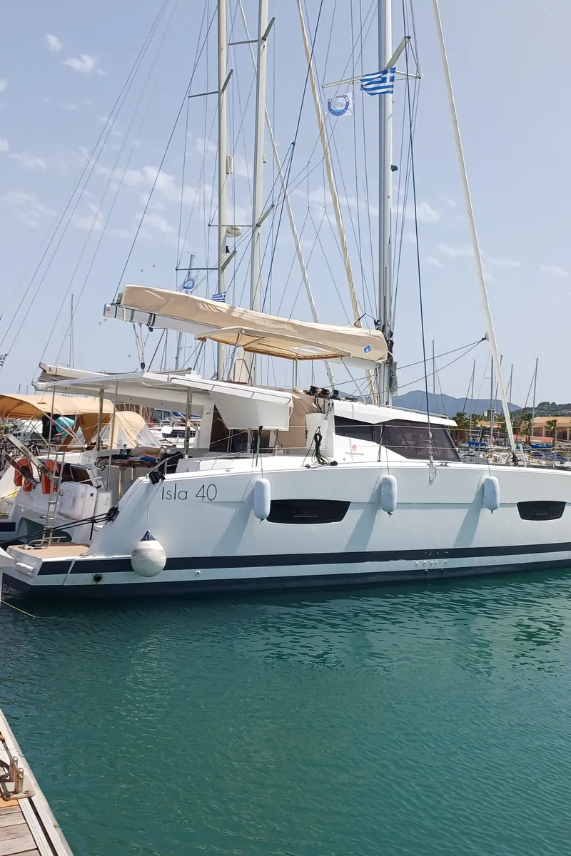 Exterior view of Nona, a Fountaine Pajot Isla 40 catamaran at Preveza, Greece