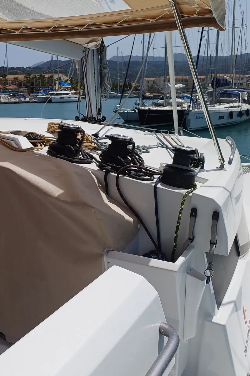 Deck of Nona, a Fountaine Pajot Isla 40 catamaran at Preveza, Greece