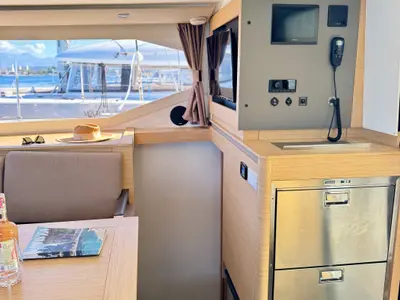 Cockpit of Nona, a Fountaine Pajot Isla 40 catamaran at Preveza, Greece