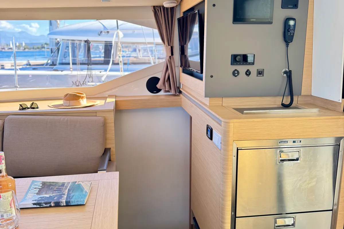 Cockpit of Nona, a Fountaine Pajot Isla 40 catamaran at Preveza, Greece