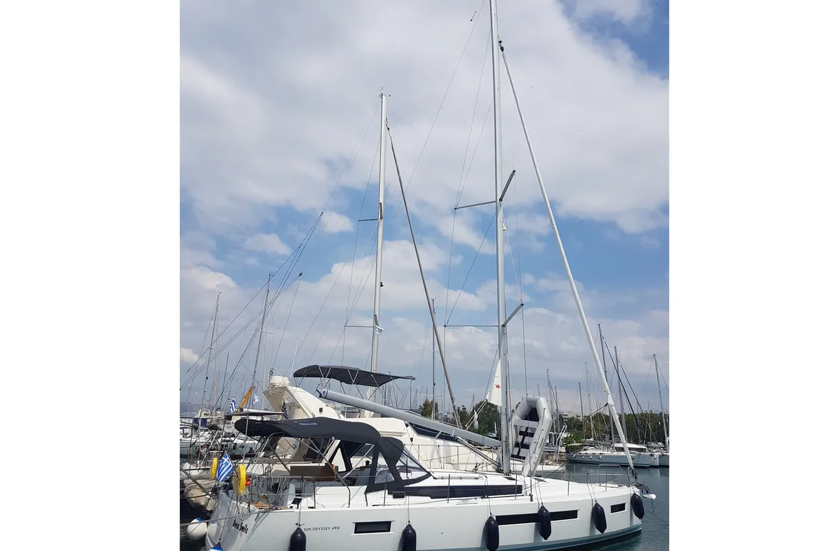 Exterior view of Anna smile, a Jeanneau Sun Odyssey 490 sailboat at Municipal Unit of Rhodes, Greece