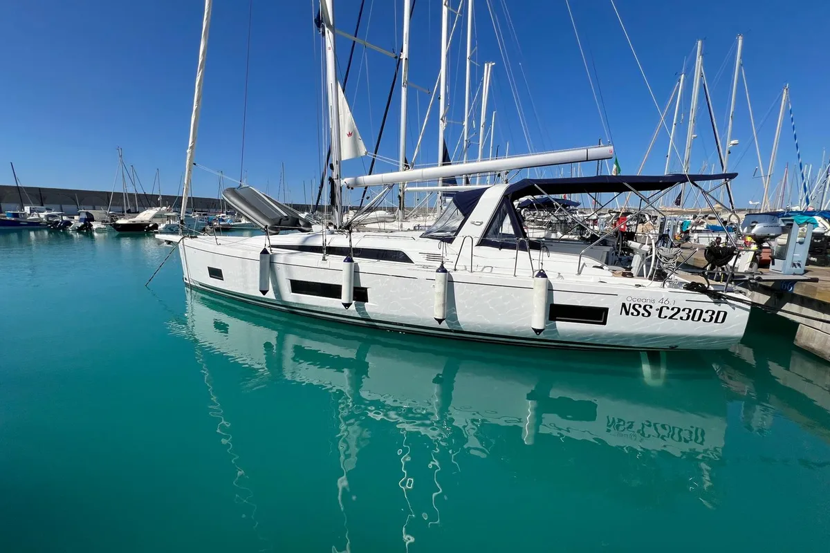 Exterior view of Orione, a Beneteau Oceanis 46.1 sailboat at Rosignano Solvay, Italy