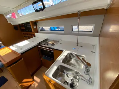 Galley of McLir II, a Jeanneau Sun Odyssey 440 sailboat at Nettuno, Italy