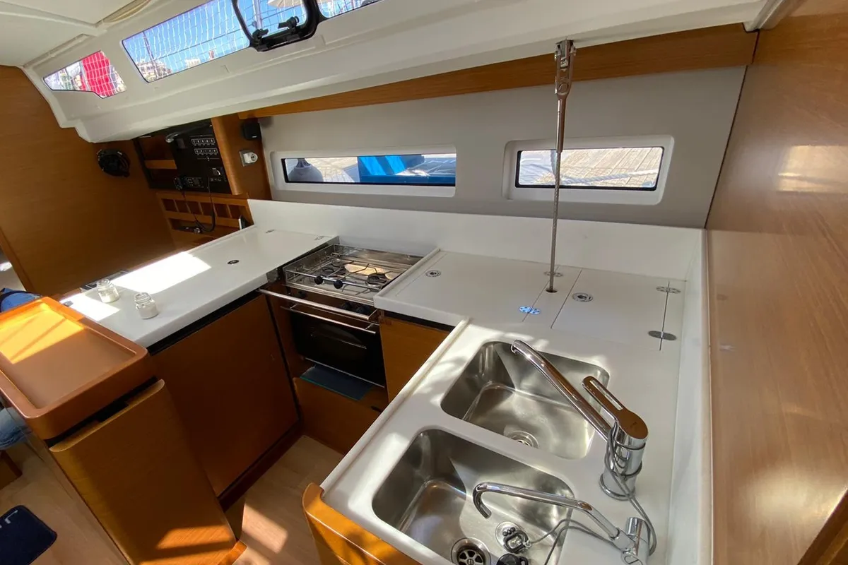 Galley of McLir II, a Jeanneau Sun Odyssey 440 sailboat at Nettuno, Italy