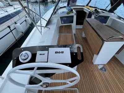 Cockpit of Syrena, a Dufour 41 sailboat at Palairos, Greece