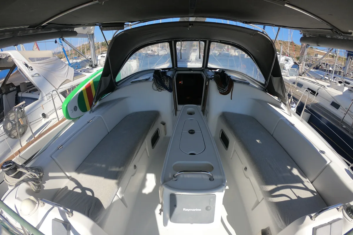 Deck of Classic, a Beneteau Cyclades 43.4 sailboat at Bodrum, Turkey