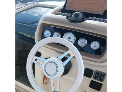 Cockpit of Invictus, a Invictus GT280 motorboat at Olbia, Italy