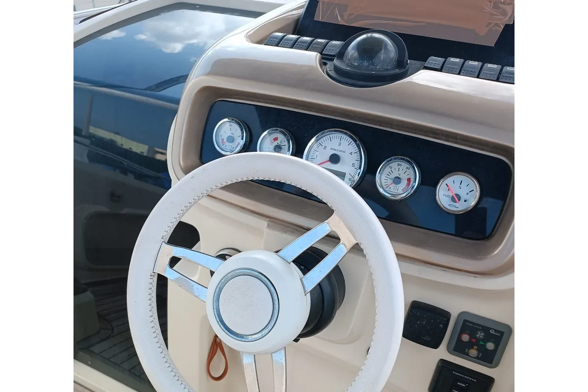 Cockpit of Invictus, a Invictus GT280 motorboat at Olbia, Italy