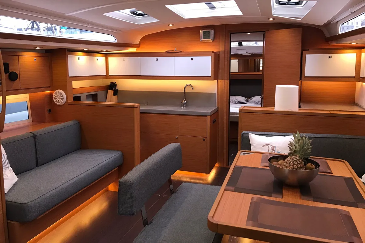 Salon of Euphoria, a Dufour 470 sailboat at Olbia, Italy