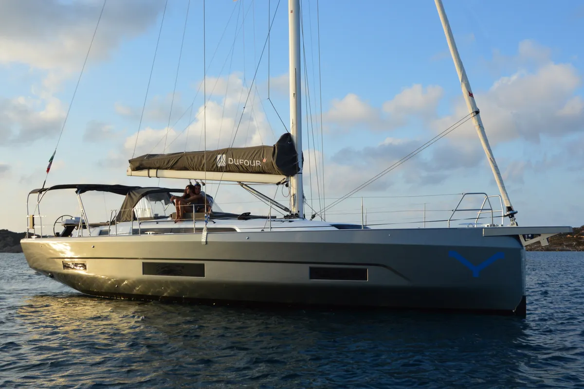 Exterior view of Euphoria, a Dufour 470 sailboat at Olbia, Italy