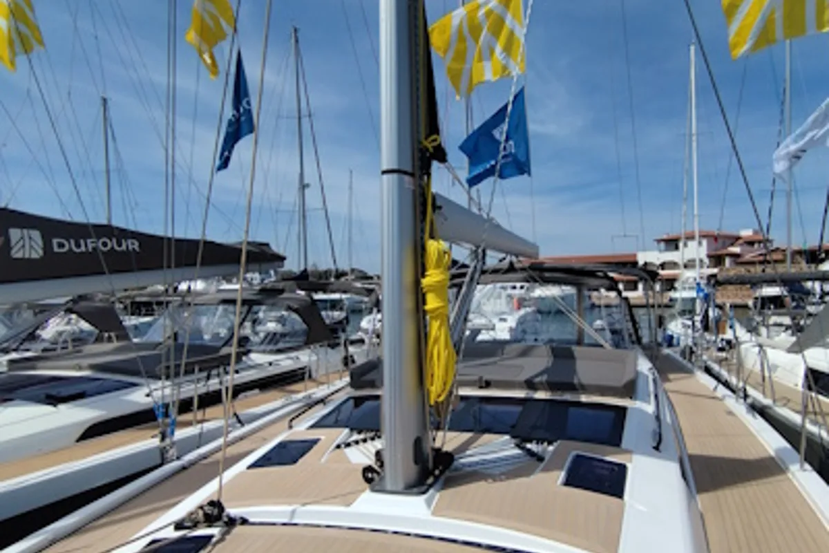 Deck of Euphoria, a Dufour 470 sailboat at Olbia, Italy