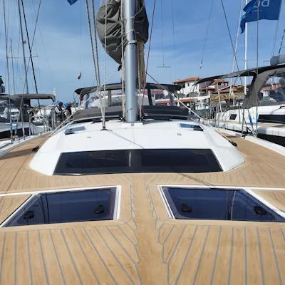 Deck of Euphoria, a Dufour 470 sailboat at Olbia, Italy