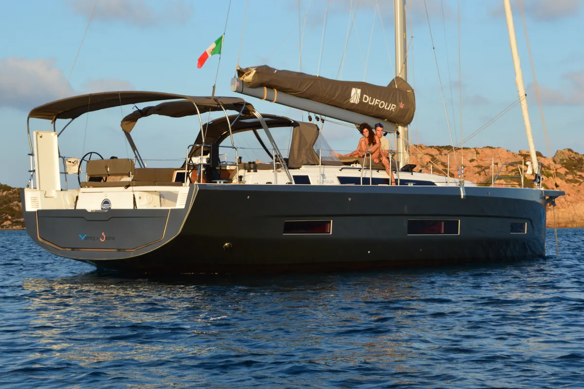 Exterior view of Euphoria, a Dufour 470 sailboat at Olbia, Italy
