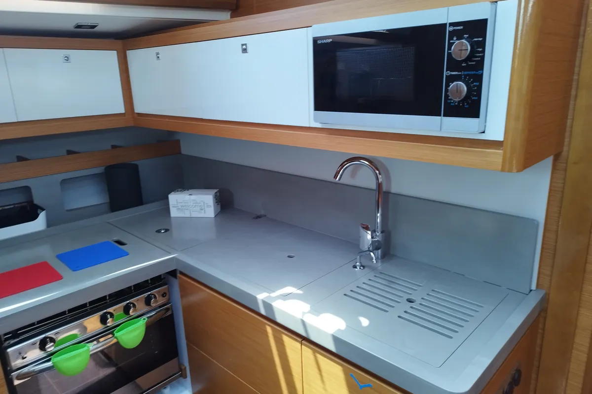 Galley of Euphoria, a Dufour 470 sailboat at Olbia, Italy