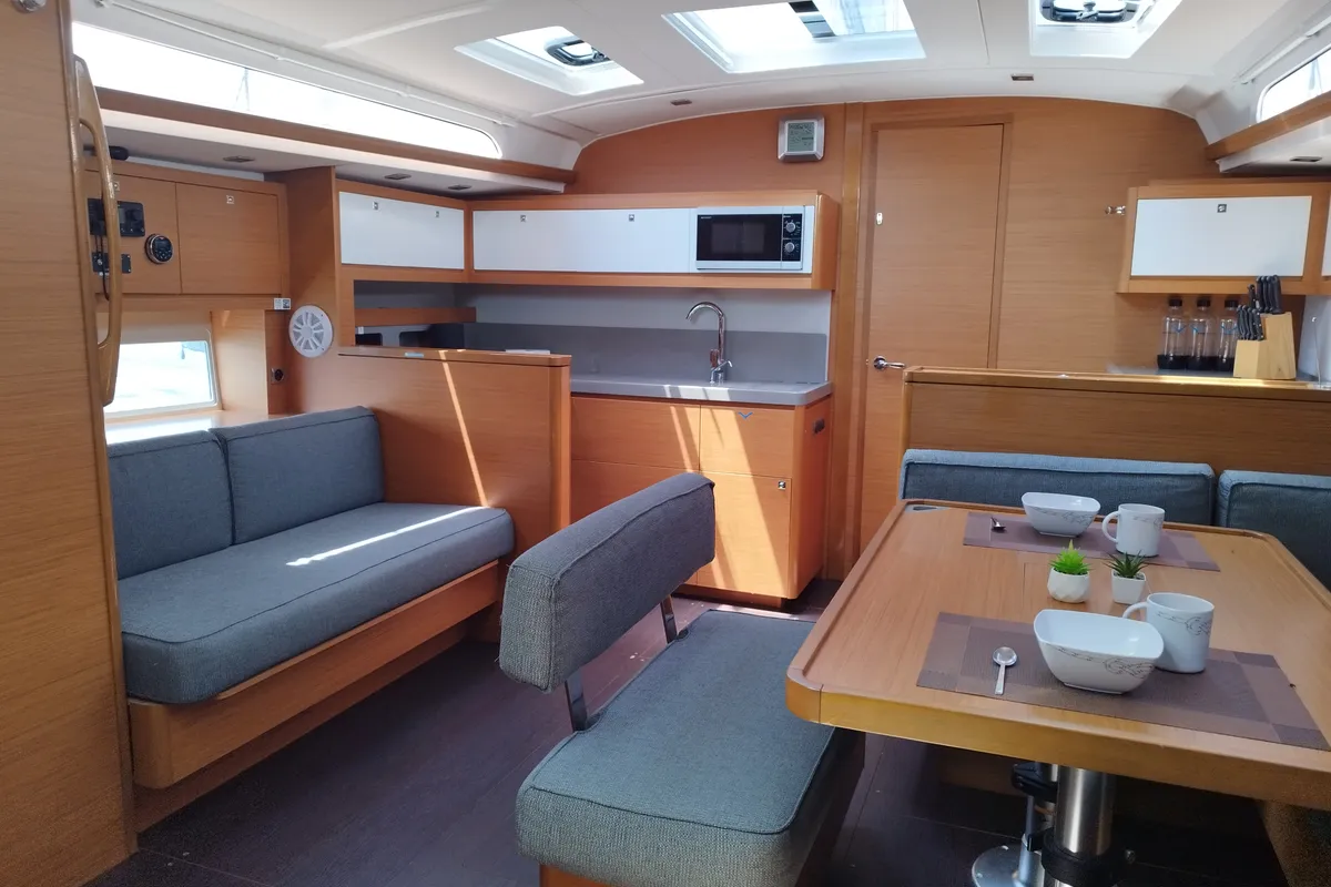 Salon of Euphoria, a Dufour 470 sailboat at Olbia, Italy
