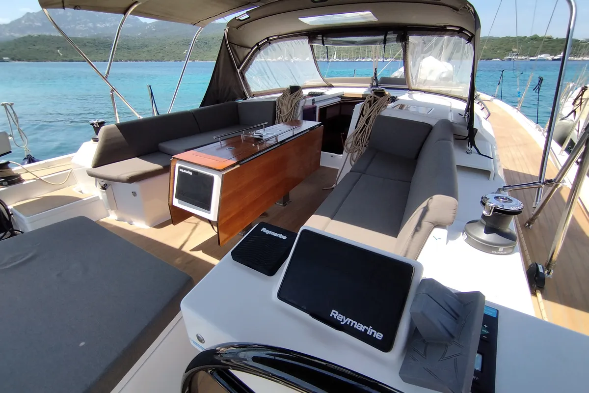 Cockpit of Euphoria, a Dufour 470 sailboat at Olbia, Italy