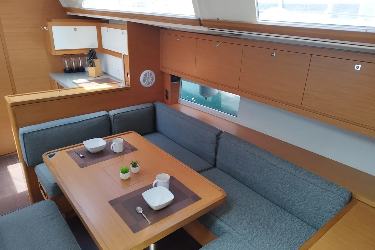 Salon of Euphoria, a Dufour 470 sailboat at Olbia, Italy
