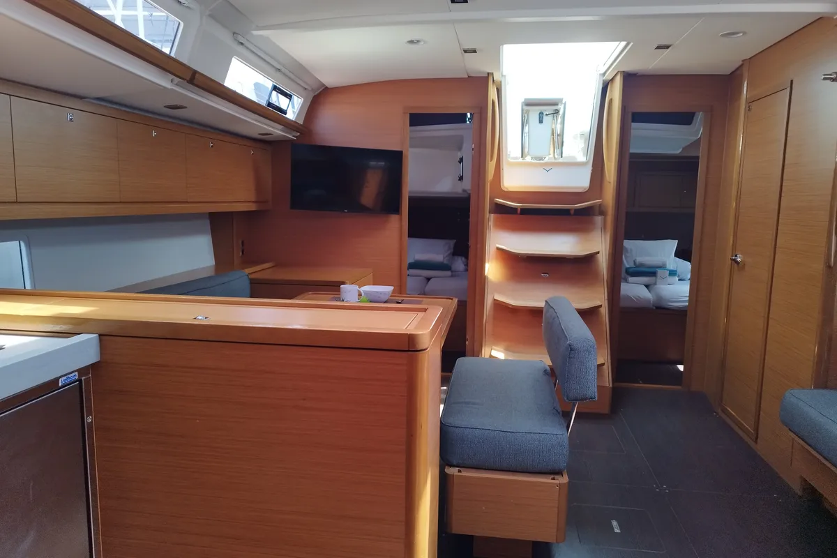 Salon of Euphoria, a Dufour 470 sailboat at Olbia, Italy
