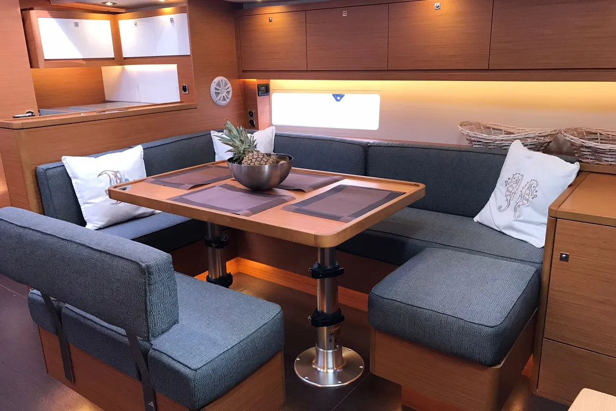 Salon of Euphoria, a Dufour 470 sailboat at Olbia, Italy