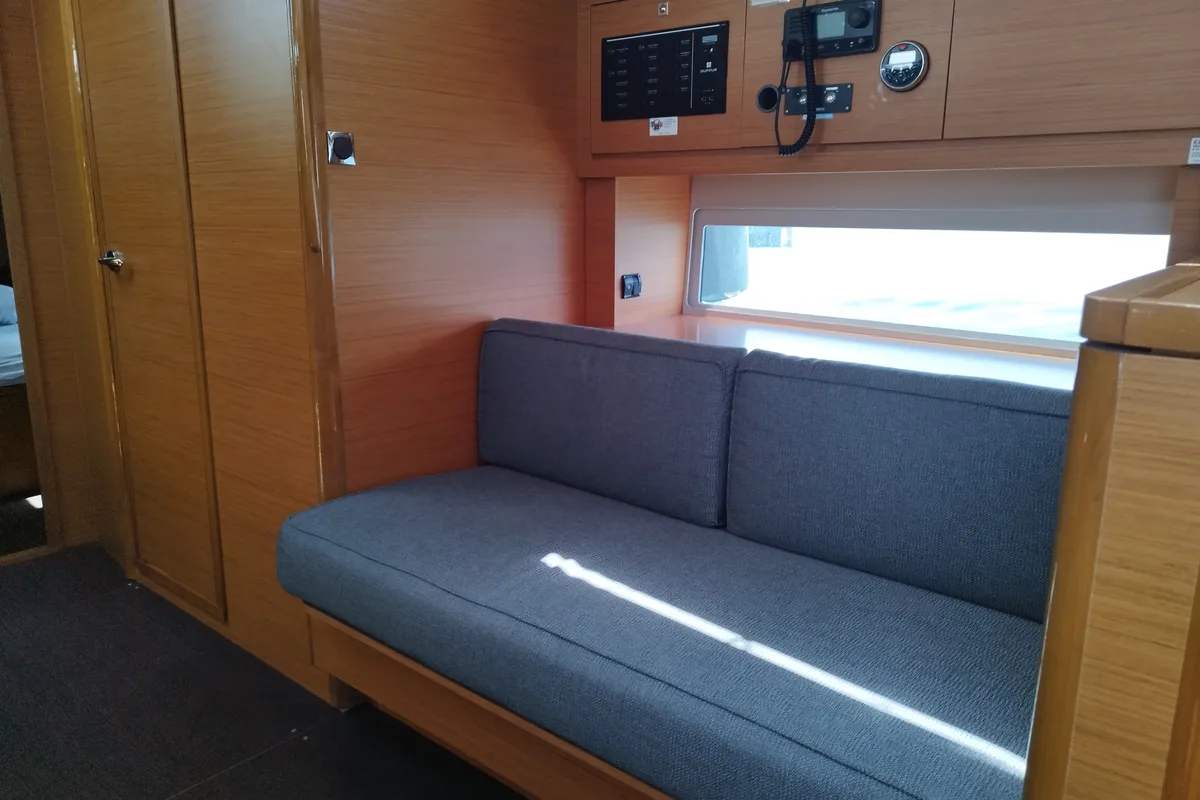 Salon of Euphoria, a Dufour 470 sailboat at Olbia, Italy
