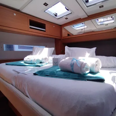 Cabin on Euphoria, a Dufour 470 sailboat at Olbia, Italy
