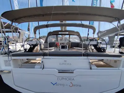 Cockpit of Euphoria, a Dufour 470 sailboat at Olbia, Italy