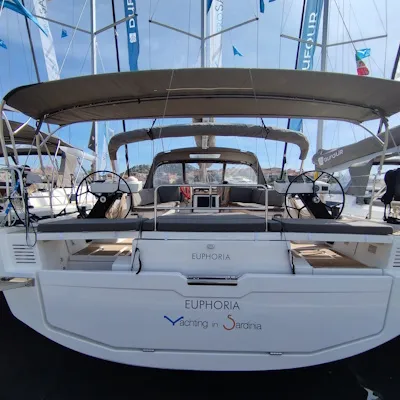Cockpit of Euphoria, a Dufour 470 sailboat at Olbia, Italy