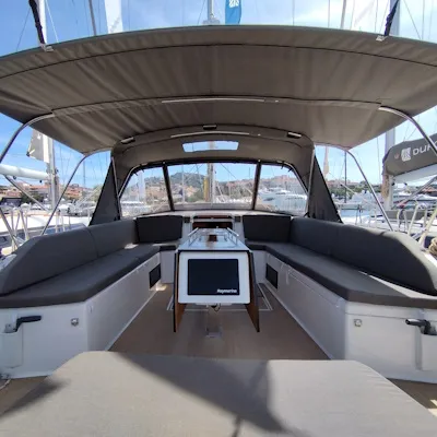 Cockpit of Euphoria, a Dufour 470 sailboat at Olbia, Italy