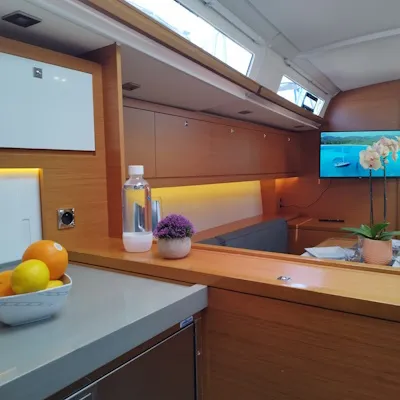 Salon of Euphoria, a Dufour 470 sailboat at Olbia, Italy