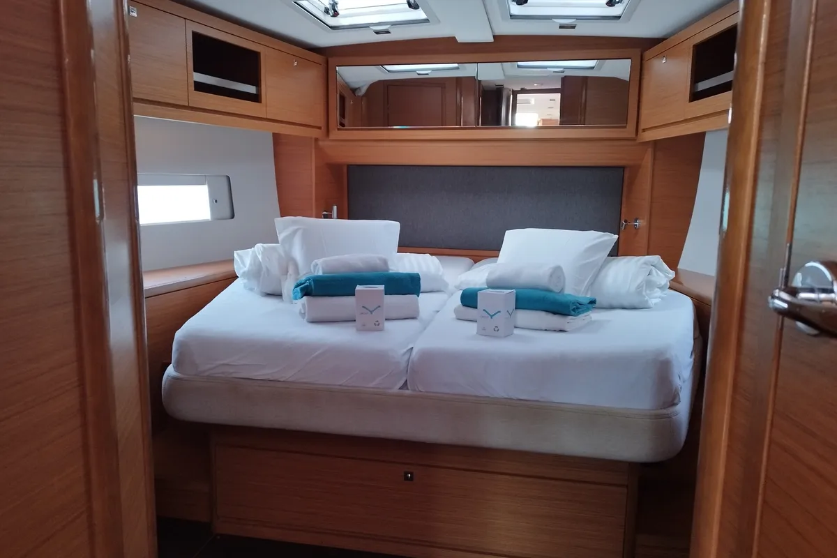 Cabin on Euphoria, a Dufour 470 sailboat at Olbia, Italy