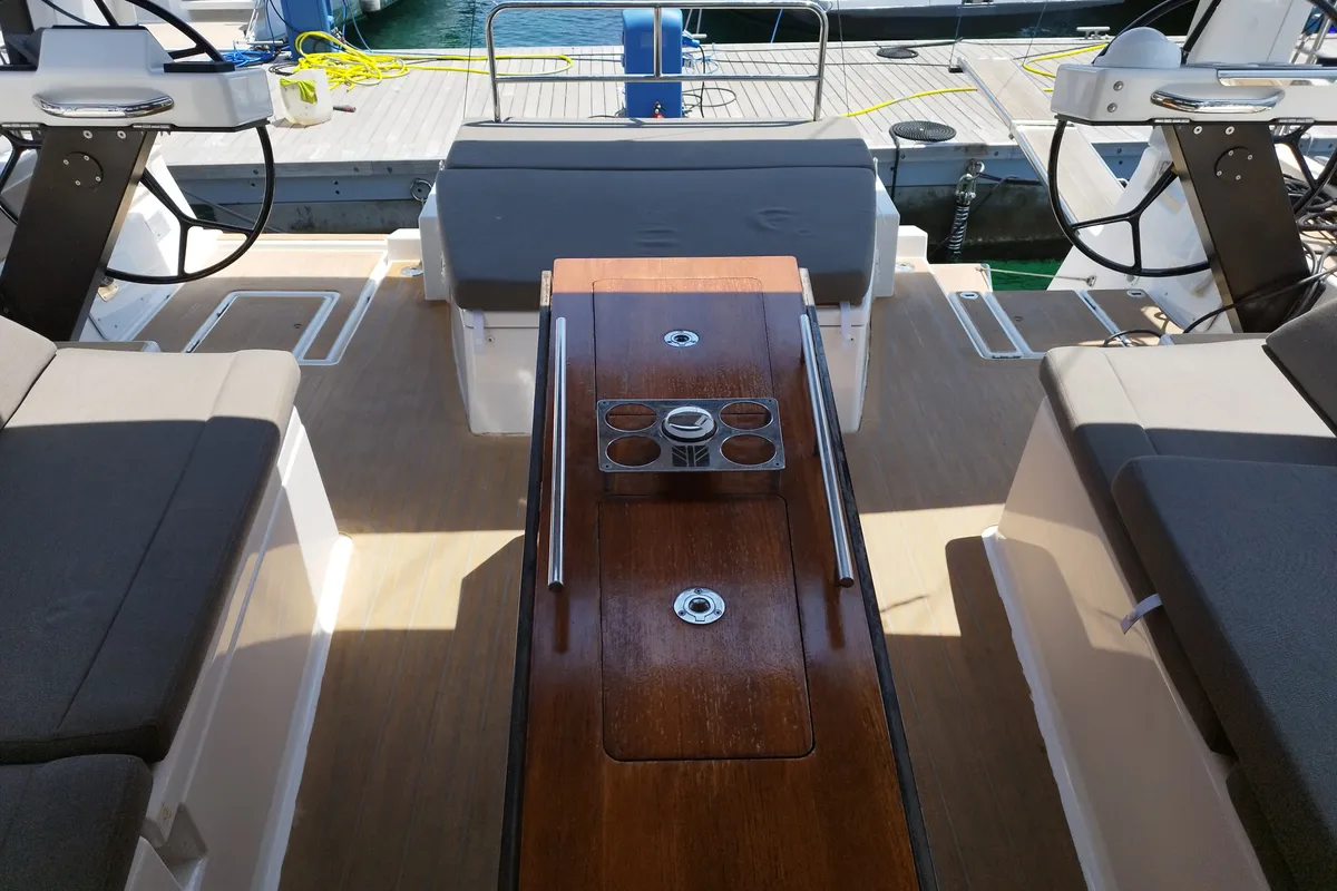 Cockpit of Euphoria, a Dufour 470 sailboat at Olbia, Italy